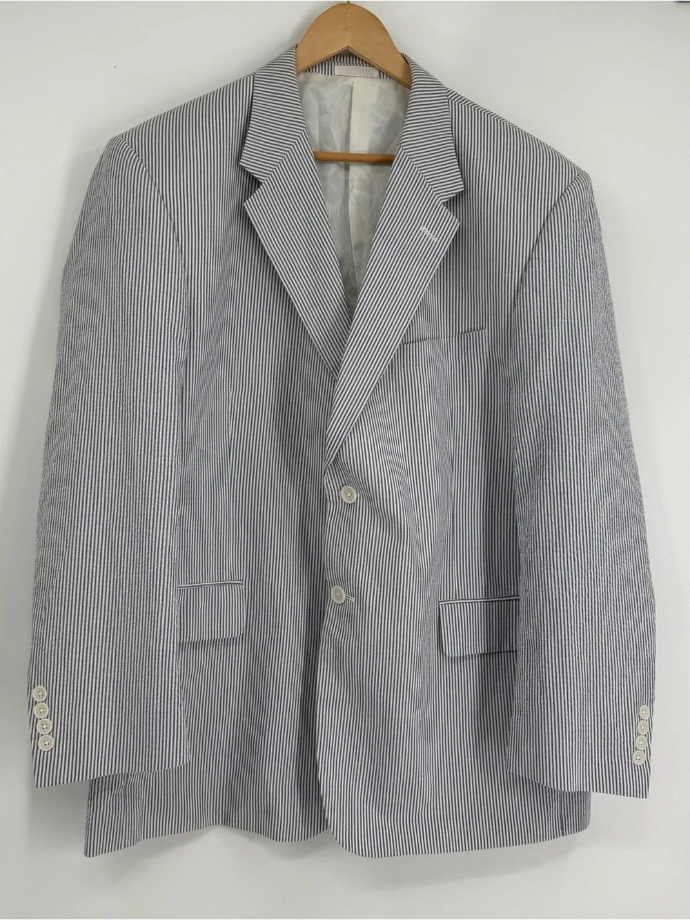 Adolfo Summer Sport Coat Blazer Mens Seersucker Blue Stripe Size 46R Lined